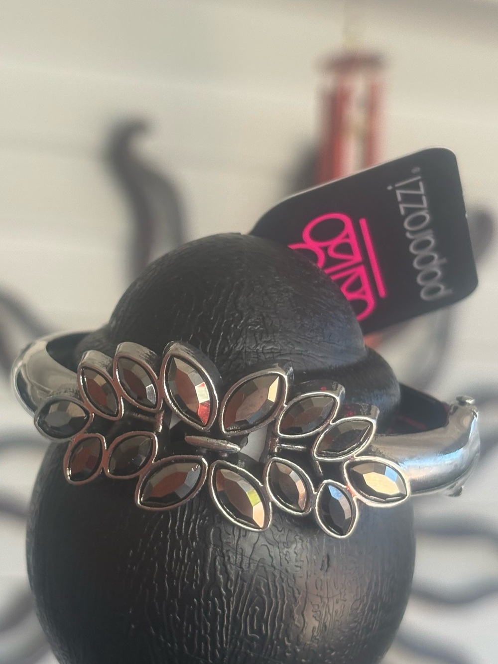 Leaf Crystal Silver-Tone Bangle Bracelet - Black Crystals